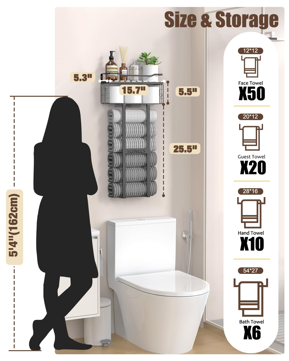 Aetyord Towel Racks for Bathroom 31inch Wall Mounted Towel Rack,Floating Shelf with Wood Plank,Towel Storage for Bathroom can Holds 6 Large Rolled Towels,All Black