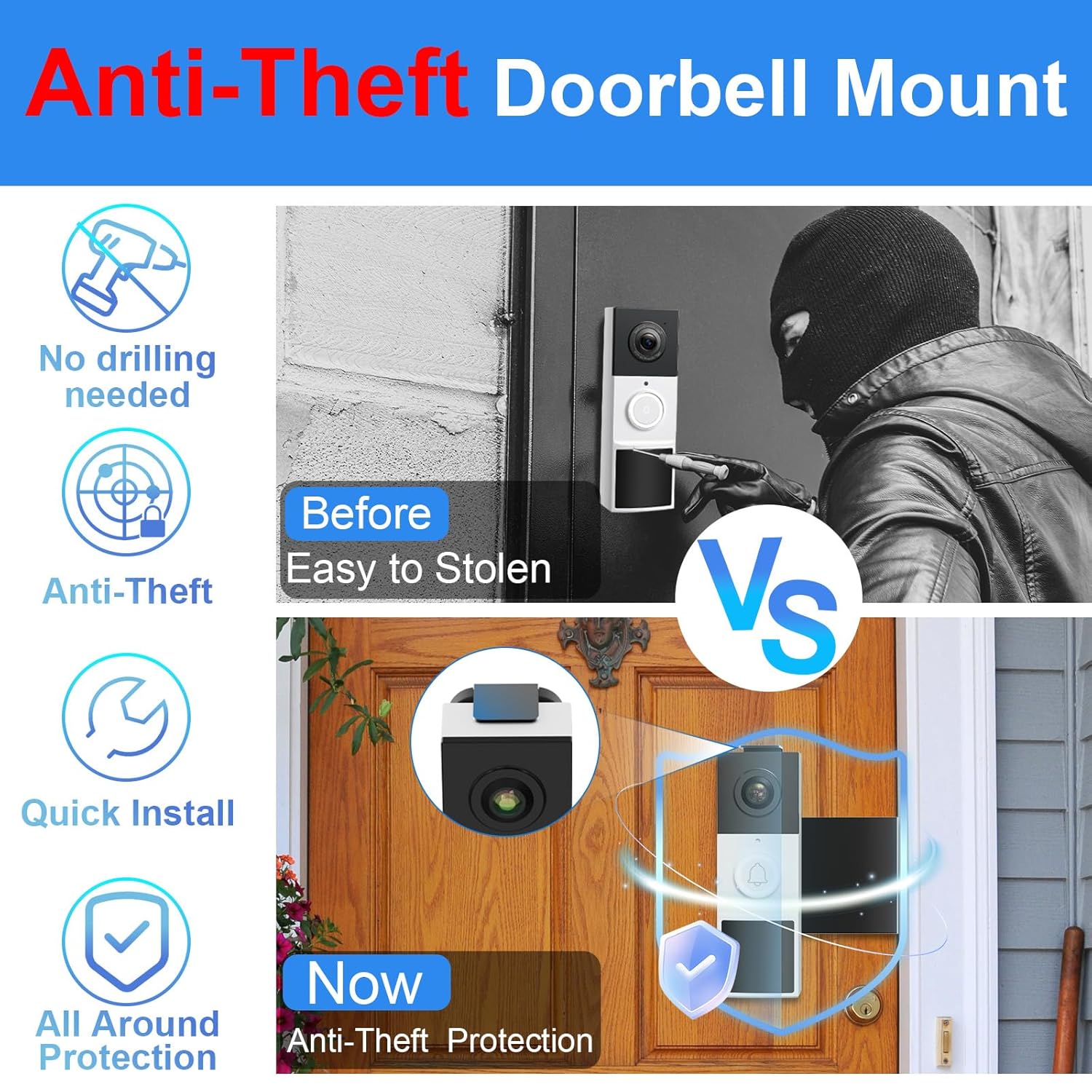 Anti-Theft Doorbell Mount No Drill Compatible with Tapo/Orbitell/Eufy/Aosu Video Doorbell, Universal Doorbell Camera Mount, Adjustable Mounting Bracket Holder Accessories for...