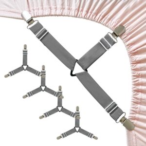 Bozenu Bed Sheet Straps, Upgrade Fitted Bed Sheet Holders for Corners, Non Slip Sheet Clips Grey 4Pcs