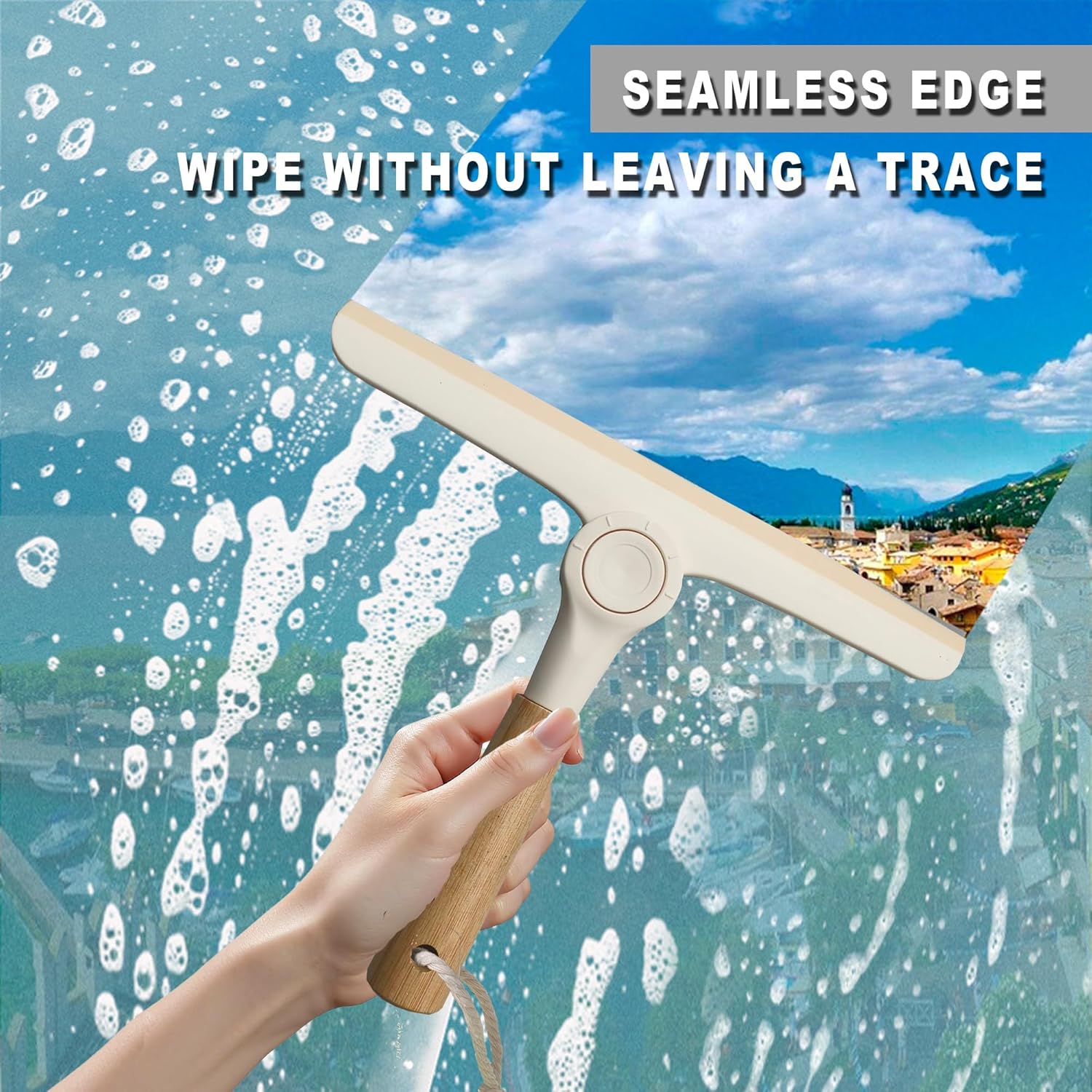 BSMstone Show Squeegee for Glass Door Bathroom Squeegee with Bamboo Handle Show Wiper for Glass Door Window Tile Wall Car Windshield Mirror (Off White)