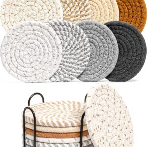 Effectyou 8 Pcs Drink Coasters with Holder, 8 Colors Absorbent Coasters for Drinks Minimalist Cup Coasters Cotton Coaster Set Woven Coasters for Coffee Table Home Decor Bar...