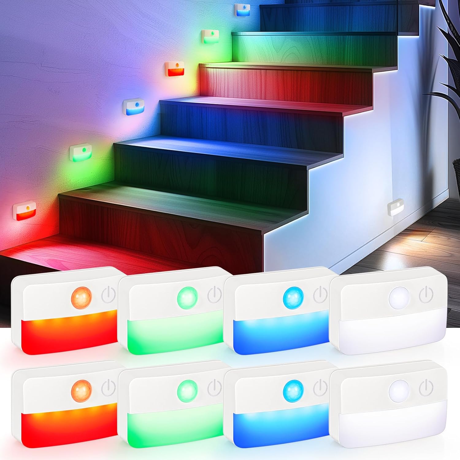 Guankai 8 Pack Motion Sensor Stair Lights for Indoor, Wireless RGB Battery Operated Night Light, Activated Led Stick On Hallway Closet Under Cabinet Step Lamp for Bedroom...