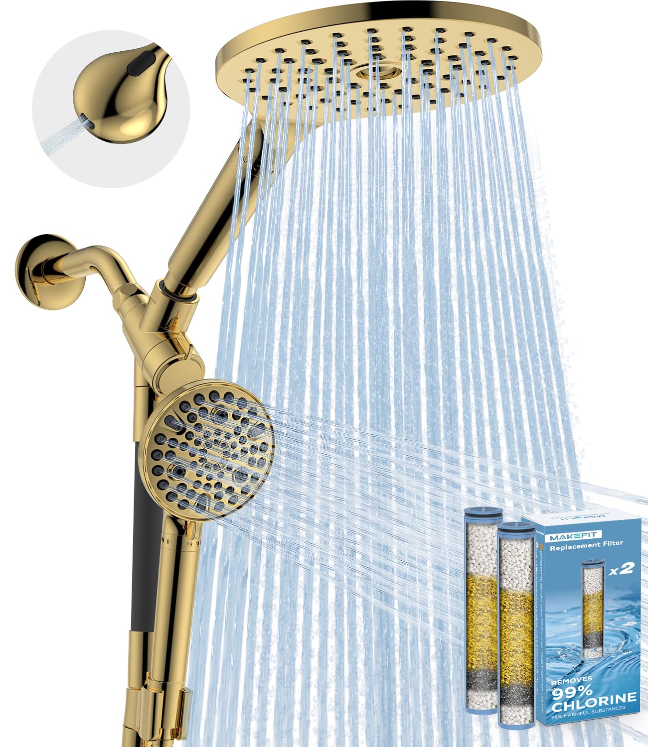 MakeFit Dual Filtered Rain Shower Head Combo, High Pressure Handheld Shower Head with Adjustable Bar - Rainfall Shower Head And Showerhead with Filter for Hard Water - Removes...