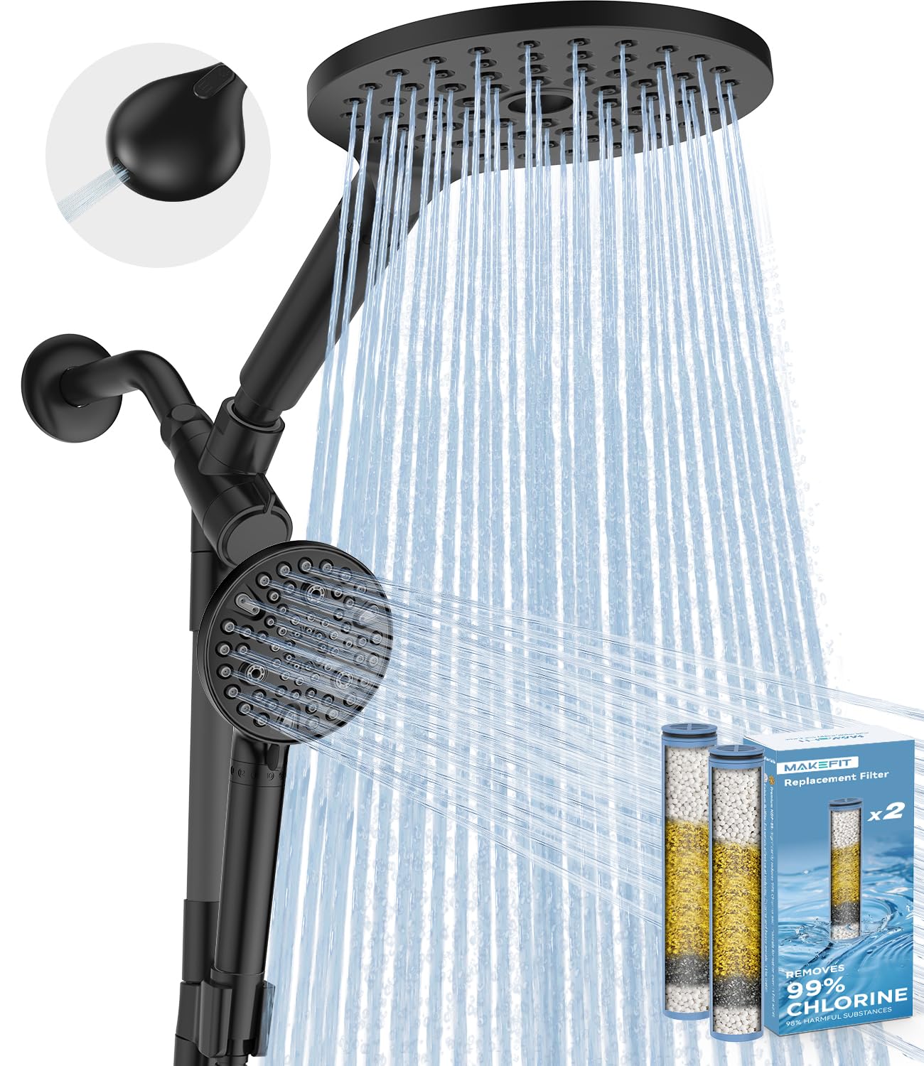 MakeFit Dual Filtered Rain Shower Head Combo, High Pressure Handheld Shower Head with Adjustable Bar - Rainfall Shower Head And Showerhead with Filter for Hard Water - Removes...