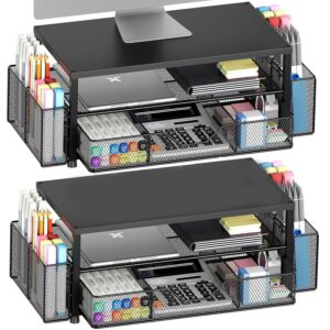 OPNICE Desk Organizer and Accessories, 2-Tier Computer Monitor Stand Riser with Drawer and 2 Pen Holders, Laptop Stand, Office Desk Accessories for Office Supplies, Black 2-Pack