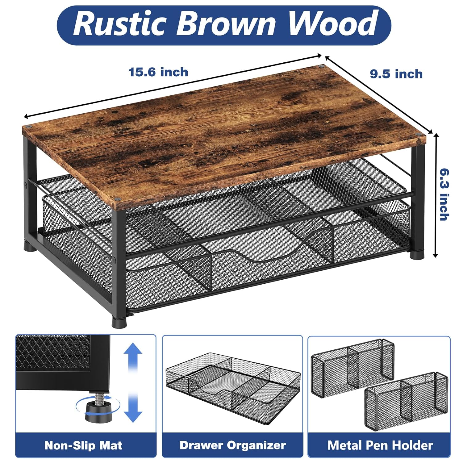 OPNICE Wood Desk Organizers and Accessories, 2-Tier Computer Monitor Stand Riser with Drawer and 2 Pen Holders, Laptop Stand, Office Desk Accessories for Office Supplies, Brown