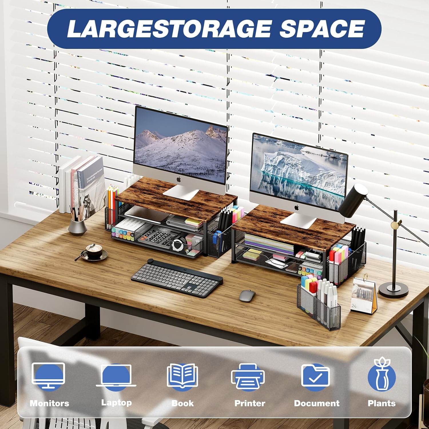 OPNICE Wood Desk Organizers and Accessories, 2-Tier Computer Monitor Stand Riser with Drawer and 2 Pen Holders, Laptop Stand, Office Desk Accessories for Office Supplies, Brown