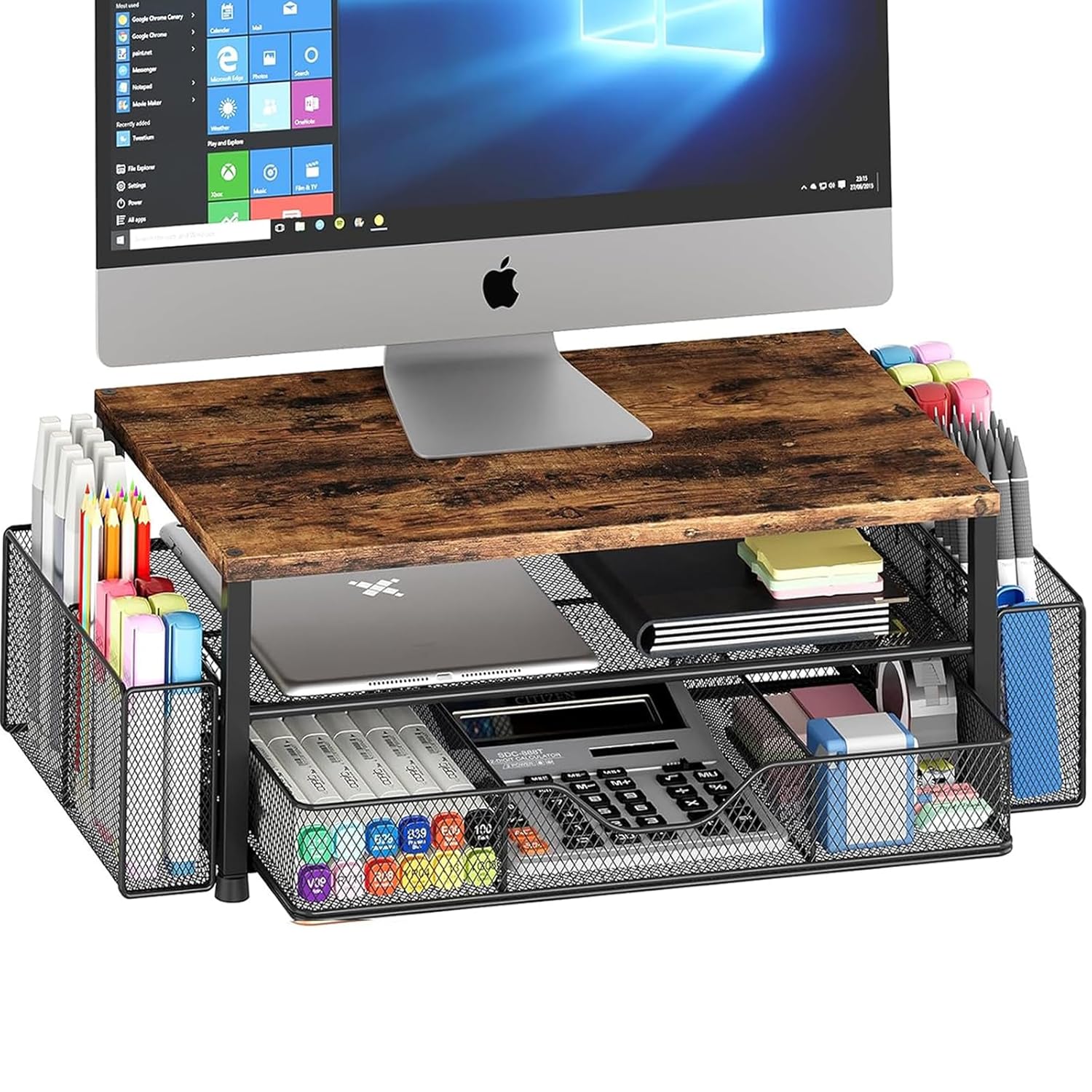 OPNICE Wood Desk Organizers and Accessories, 2-Tier Computer Monitor Stand Riser with Drawer and 2 Pen Holders, Laptop Stand, Office Desk Accessories for Office Supplies, Brown