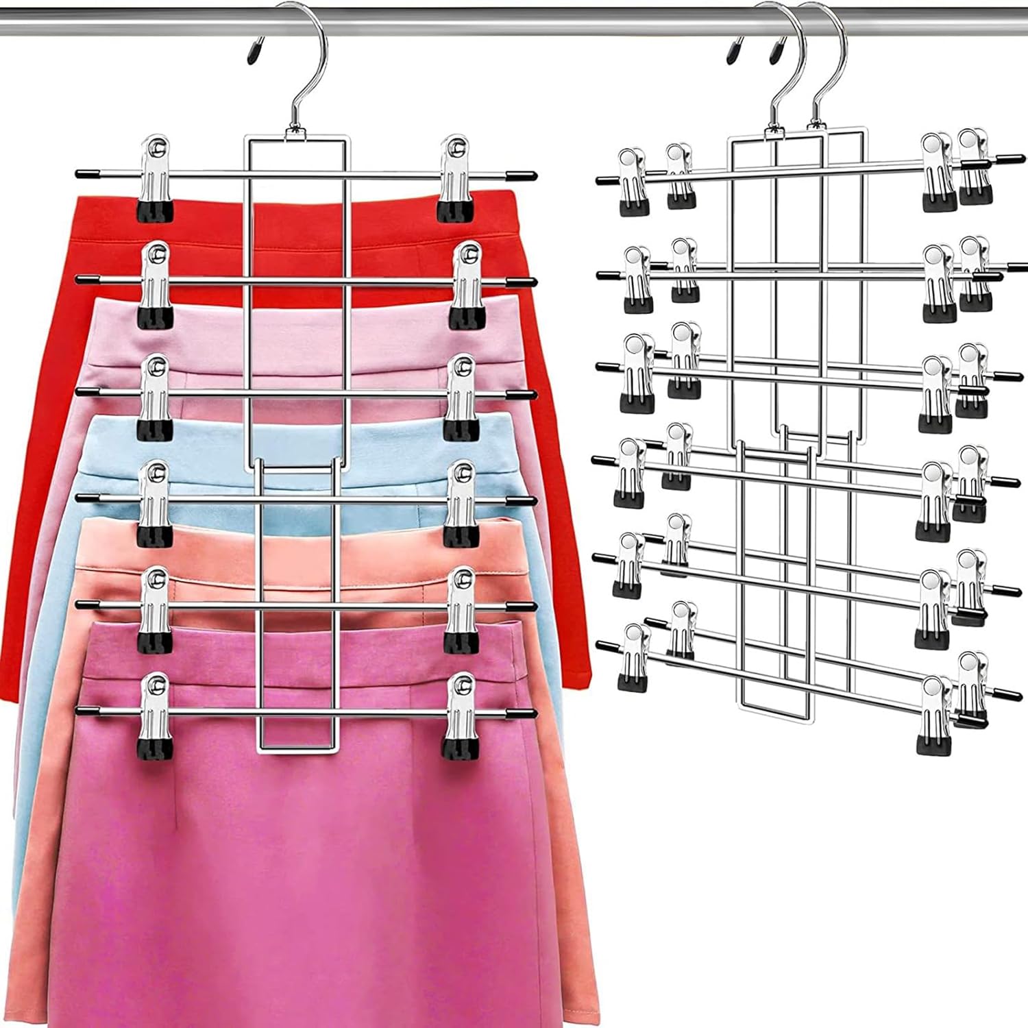 Pants Hangers with Clips,Space Saving Hanging Closet Organizer-6 Tiers Skirt Hangers with 360° Swivel Hook,Closet Organizer-Clothes Hangers- College Dorm Essentials Apartment...