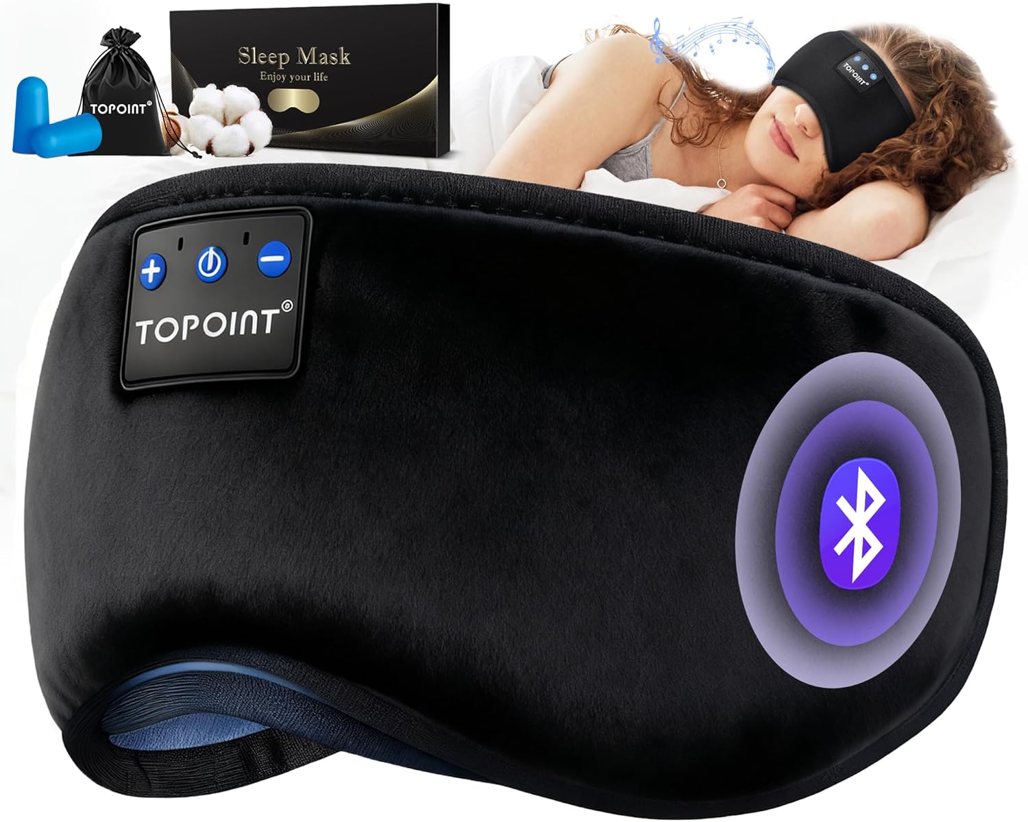 TOPOINT Sleep Mask with Headphones Bluetooth 5.4 Wireless, Sleep Headphones Earphones Earbuds with Microphone HD Speakers Music, Blackout Eye Mask for Sleeping Travel Meditation...